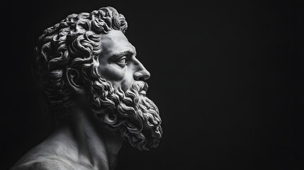 Greek sculpture of an old stoic man, roman god statue, black and white