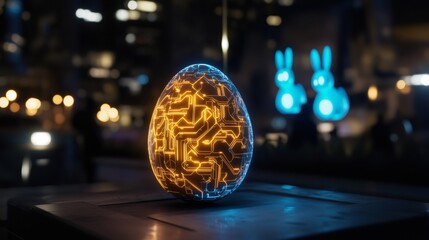 futuristic easter celebration, a neon easter egg with detailed circuitry, amid a futuristic city with holographic bunnies