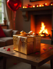Paquet cadeau dor&eacute; chic pour la Saint Valentin au coin du feu