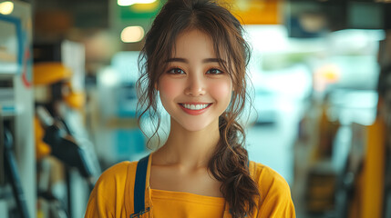 Portrait of beautiful young woman standing in gas station and smiling.