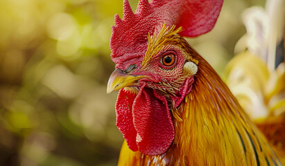 Close-up portrait of a rooster with a red crest and yellow tail against a farm background