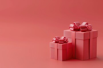 Obraz premium Miniature ornaments for small trees or tabletop trees, 3d illustration of two light red gift boxes with bows and ribbons, isolated on light red background