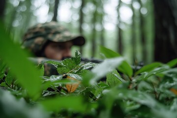 Fototapeta premium A soldier blends seamlessly into the forest environment, reflecting the themes of stealth and connection to nature amidst a serene yet perceptive atmosphere.