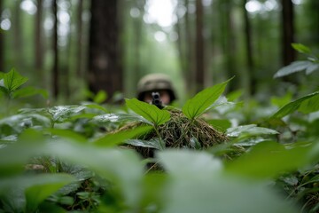 Obraz premium A soldier is camouflaged and lying low in vibrant green foliage, ready for action in a tranquil forest setting, blending seamlessly with the surroundings.