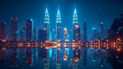 Obraz premium Illuminated skyscrapers reflected in calm water at night.