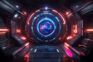 Futuristic spaceship interior with glowing circular portal.