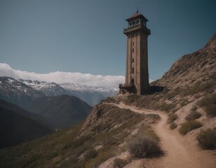 Majestic stone tower perched on a rugged mountain slope, surrounded by breathtaking panoramic views of snow-capped peaks under a clear blue sky. A winding dirt trail leads to the structure, adding a s