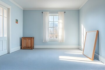 An interior photo with bright sky-colored walls, a wooden chest of drawers and a white door, a window with white curtains, and a large white picture frame leaning against the wall, with natural light 