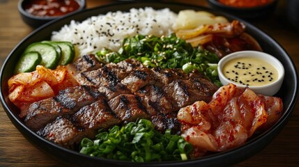 Grilled beef platter served with assorted vegetables and traditional Korean side dishes at a dining table