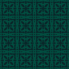 Abstract vector seamless pattern. Simple floral geometric ornament with ethnic folk motif. Retro vintage background texture with flower silhouettes, organic shapes, tiles. Dark green repeated design