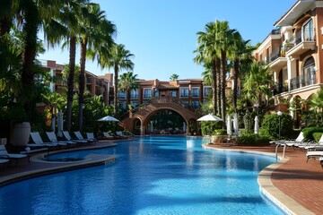 Fototapeta premium Exotic, large luxury resort with clear sky in summer, panoramic view of blue outdoor swimming pool landscaped with tropical trees in front of hotel