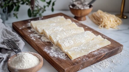 Dough sheets dusted with flour are neatly arranged on a wooden board, with ingredients for pasta preparation in the background. The bright kitchen setting enhances the culinary atmosphere.