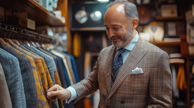 Man in tailored suit posing in a stylish menswear store showcasing elegant attire