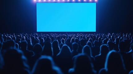 Audience Waiting for Movie to Start in a Dark Theater with Blue Screen Background