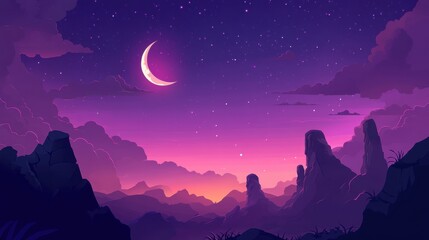 Serene Crescent Moon in a Deep Purple Night Sky