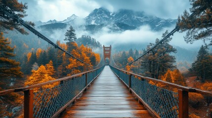 Stunning bridge stretches across misty valley with autumn colors and mountains in the background