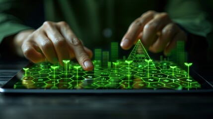 Obraz premium Hands interacting with a futuristic green holographic interface on a tablet, showing data points and a pyramid structure.