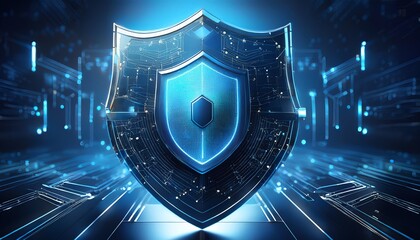 Fototapeta premium A futuristic shield symbolizing digital security, surrounded by a high-tech environment.