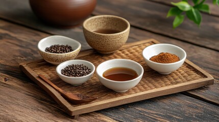 Variety of Spices and Ingredients in Decorative Bowls on a Wooden Surface