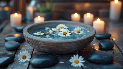A serene bowl of water with daisies, surrounded by candles and smooth stones.