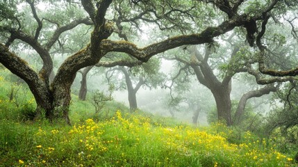 Fototapeta premium Misty forest scene with ancient, moss-covered oak trees arching over a vibrant yellow wildflower meadow.