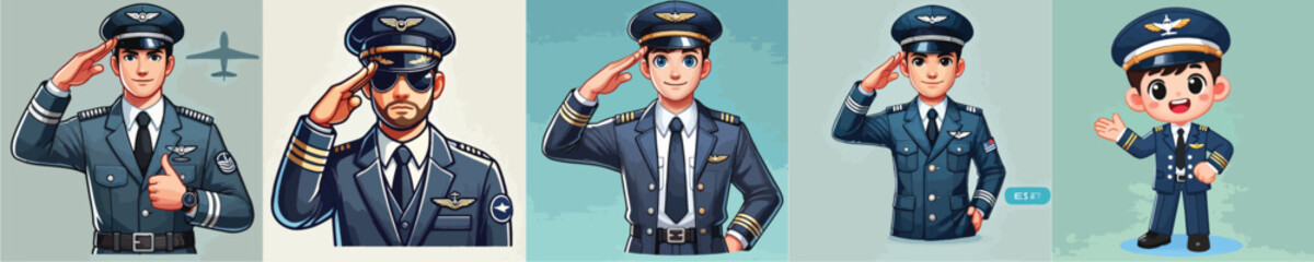 set of vector characters of a pilot saluting