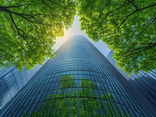 Low angle view of modern skyscraper surrounded by lush green trees.