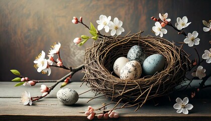 Easter background with blooming twigs and Easter eggs in the nest