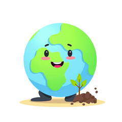 Fototapeta premium Happy Earth Planting Hope, A cartoon planet smiles as it nurtures a sapling, symbolizing environmental care and a positive future for our world,