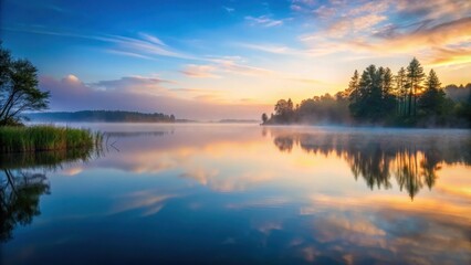Obraz premium Serene lake scene at dusk with misty fog rolling in , water, lakeside, water, lakeside, serene, autumn