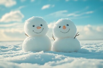 A photo of a cute snowman couple smiling brightly together in a white snow field on a winter day.