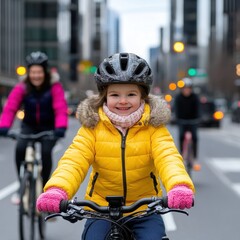 Family Riding Bicycles Through Busy City Traffic During Rush Hour