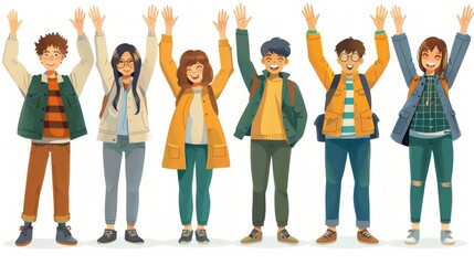 Fototapeta premium Happy diverse group of young people with arms raised.
