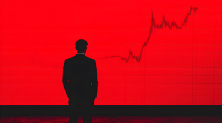 A silhouette of a man in a suit stands against a bright red background, observing a rising graph, symbolizing financial trends or market analysis.