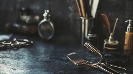 Dark moody image of barber tools on a dark surface.