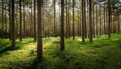 Naklejka premium A serene pine forest close-up, emphasizing the texture and shades of green, evoking a sense of tranquility.