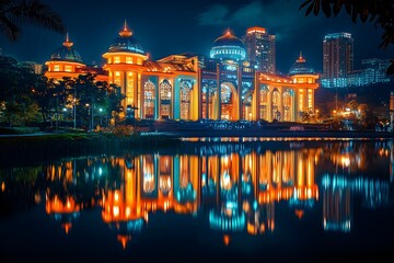 Obraz premium A night view of the riverside with many people walking down the street and city buildings full of colorful lights.