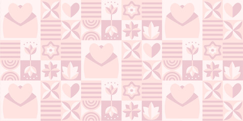 Valentine's day abstract geometric seamless pattern. Mosaic minimalist background, banner, template with simple shapes, hearts.