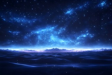 Fototapeta premium This is an emotional photo of a sky full of twinkling blue stars and a mountain range visible in the distance below.