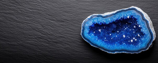 Obraz premium A stunning blue geode with sparkling crystals, set against a dark background, showcasing natural beauty and intricate formations.