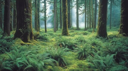 Fototapeta premium Misty forest scene with lush ferns and moss-covered trees.