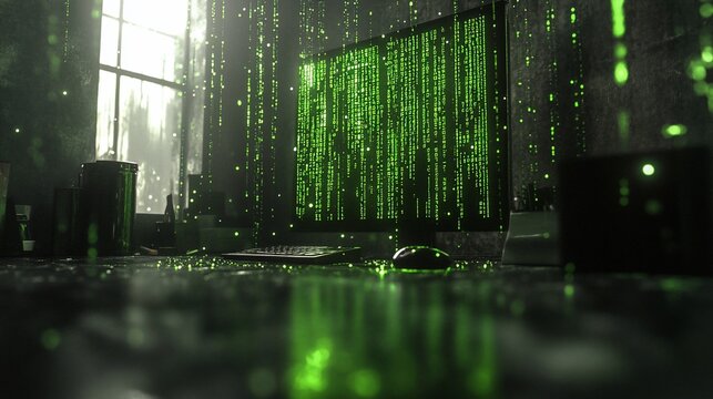 Hacker's workspace with rain and digital code on screen.