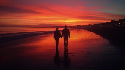 Couples walk hand in hand along the beach during a vibrant sunset reflecting on the water