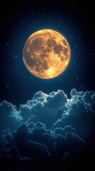 Full orange moon over dark clouds and starry night sky.