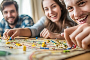 Fototapeta premium Friends Enjoying a Fun Board Game Night Together with Smiles and Laughter