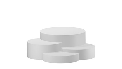3D Cylinder 4 white pedestal podiums with layer and close up on transparent background clean luxury style