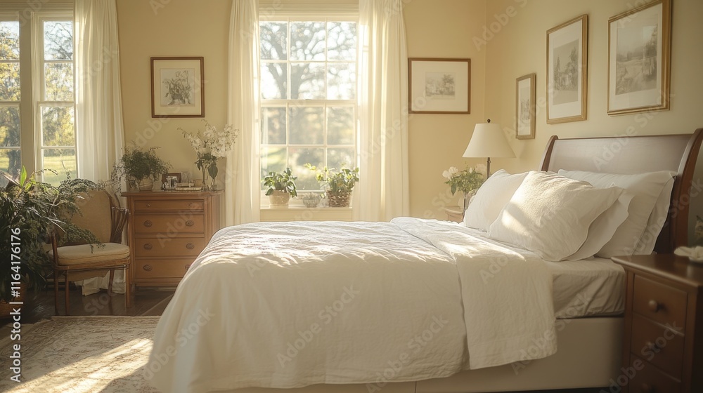 Poster a sunlit bedroom featuring a neatly made bed with white linens and various potted plants arranged ar