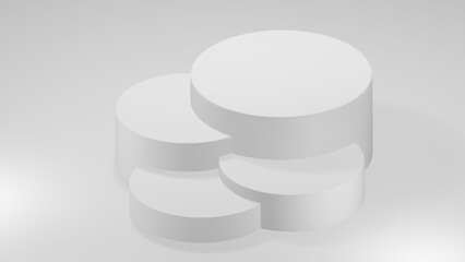 3D Cylinder 4 white pedestal podiums with layer and close up on background clean luxury style