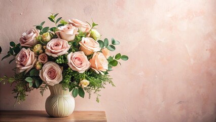 Elegant rose floral arrangement against a soft, pale pink wall background with lush greenery and subtle texture, evoking feelings of serenity and refinement , floral arrangement, elegant