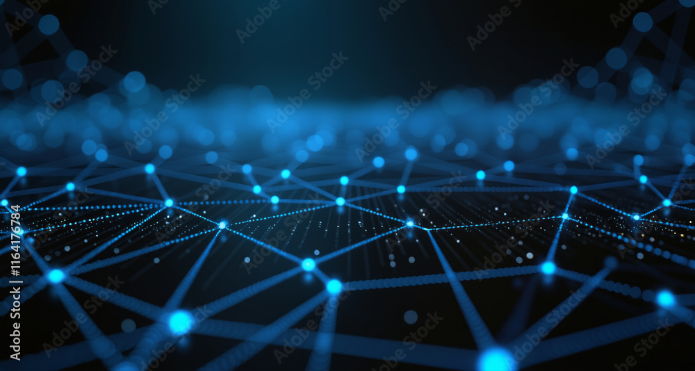 Poster a dark background with a network of blue dots and lines, representing blockchain technology and digi